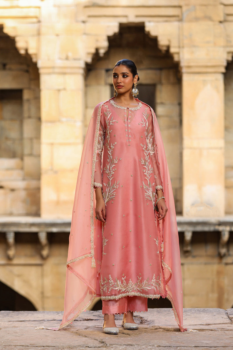 Vaayu Pink Phool Patti Kurta Set organza , silk tencel kurta/kurta set by Niti Bothra in pink for women Worldwide
