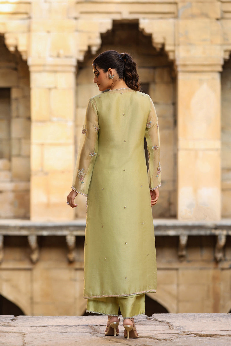 Vaayu Green Phool Kurta Set organza , silk tencel kurta/kurta set by Niti Bothra in green for women Worldwide