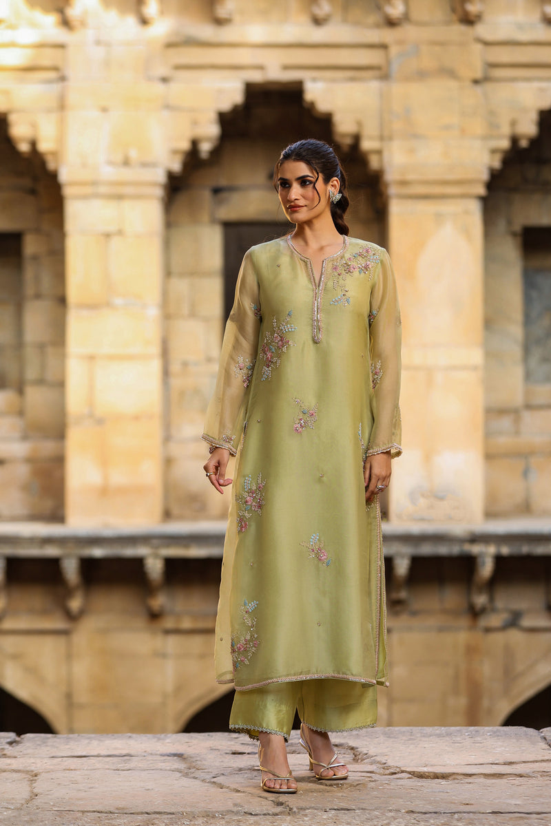 Vaayu Green Phool Kurta Set organza , silk tencel kurta/kurta set by Niti Bothra in green for women Worldwide
