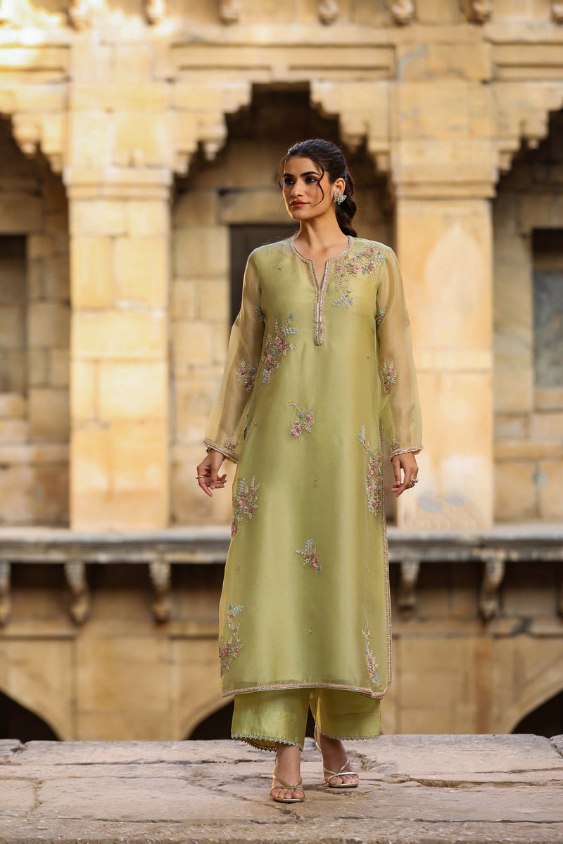 Vaayu Green Phool Kurta Set organza , silk tencel kurta/kurta set by Niti Bothra in green for women Worldwide