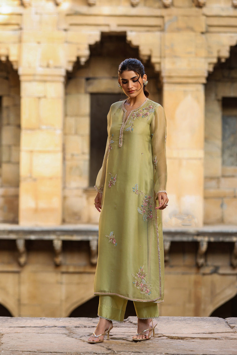 Vaayu Green Phool Kurta Set organza , silk tencel kurta/kurta set by Niti Bothra in green for women Worldwide