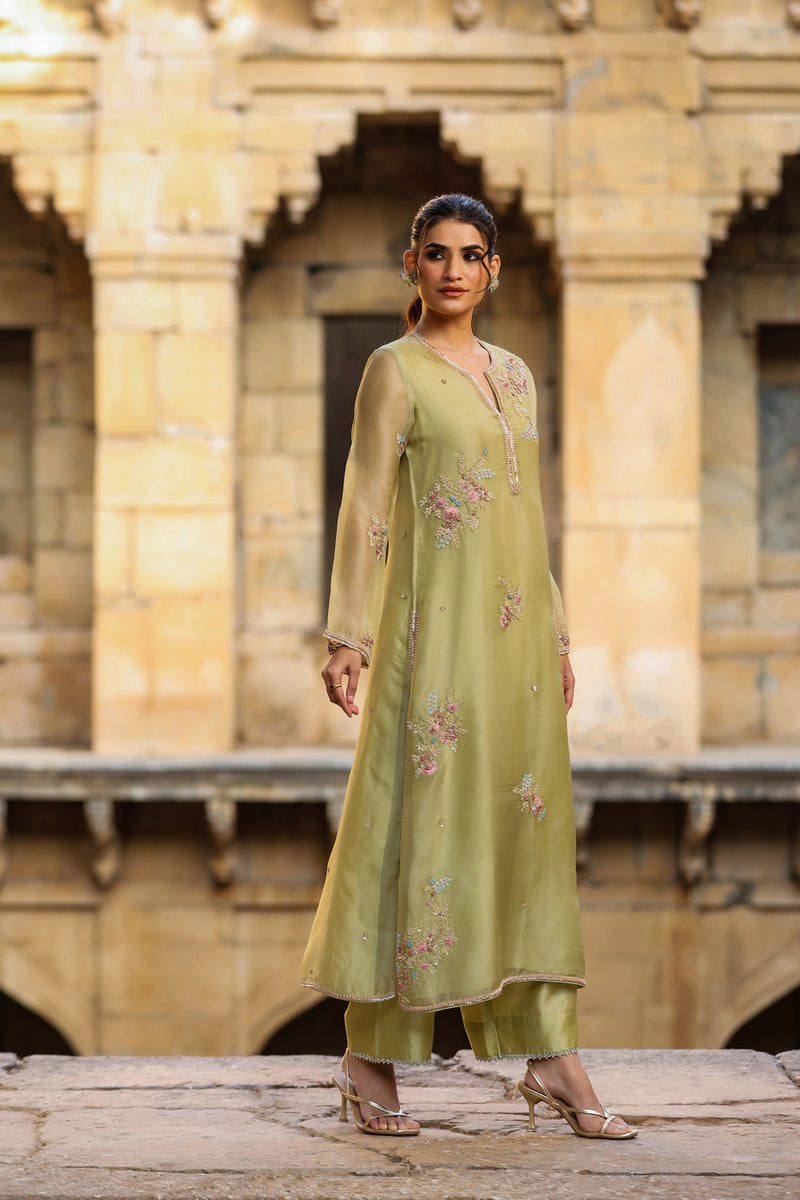 Vaayu Green Phool Kurta Set organza , silk tencel kurta/kurta set by Niti Bothra in green for women Worldwide