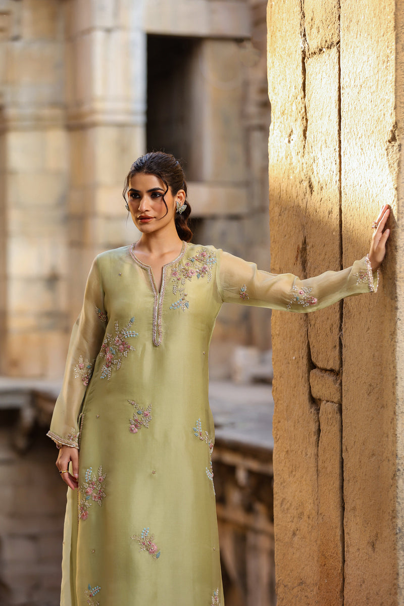 Vaayu Green Phool Kurta Set organza , silk tencel kurta/kurta set by Niti Bothra in green for women Worldwide
