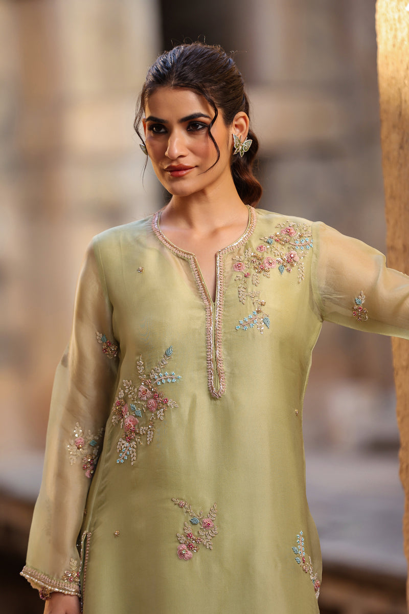 Vaayu Green Phool Kurta Set organza , silk tencel kurta/kurta set by Niti Bothra in green for women Worldwide