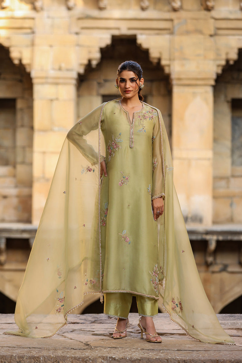 Vaayu Green Phool Kurta Set organza , silk tencel kurta/kurta set by Niti Bothra in green for women Worldwide