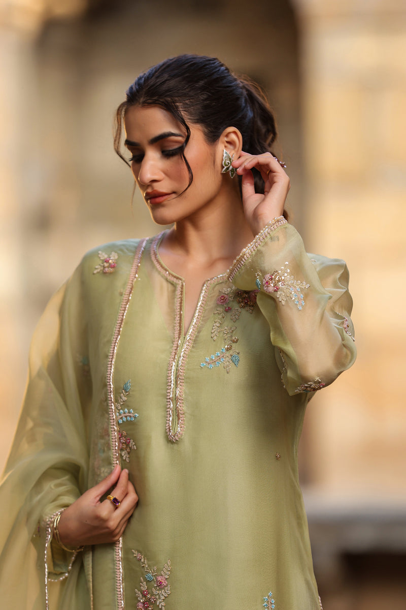 Vaayu Green Phool Kurta Set organza , silk tencel kurta/kurta set by Niti Bothra in green for women Worldwide