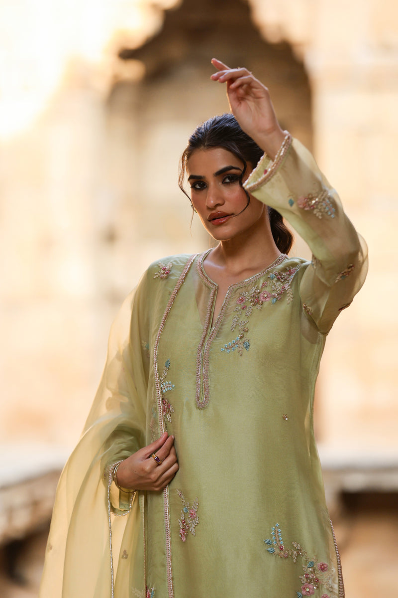 Vaayu Green Phool Kurta Set organza , silk tencel kurta/kurta set by Niti Bothra in green for women Worldwide