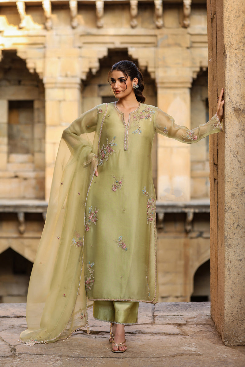 Vaayu Green Phool Kurta Set organza , silk tencel kurta/kurta set by Niti Bothra in green for women Worldwide
