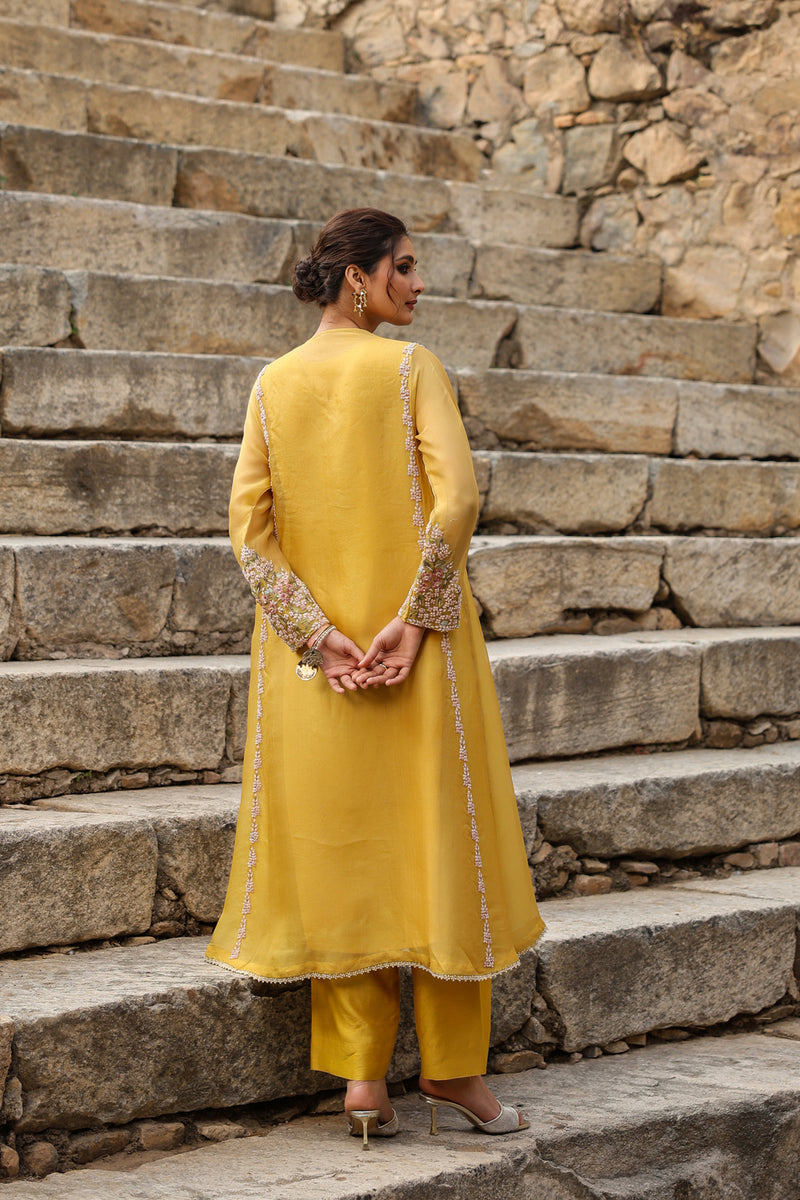 Vaayu Yellow Heavy Pheran Kurta Set organza , silk tencel kurta/kurta set by Niti Bothra in yellow for women Worldwide
