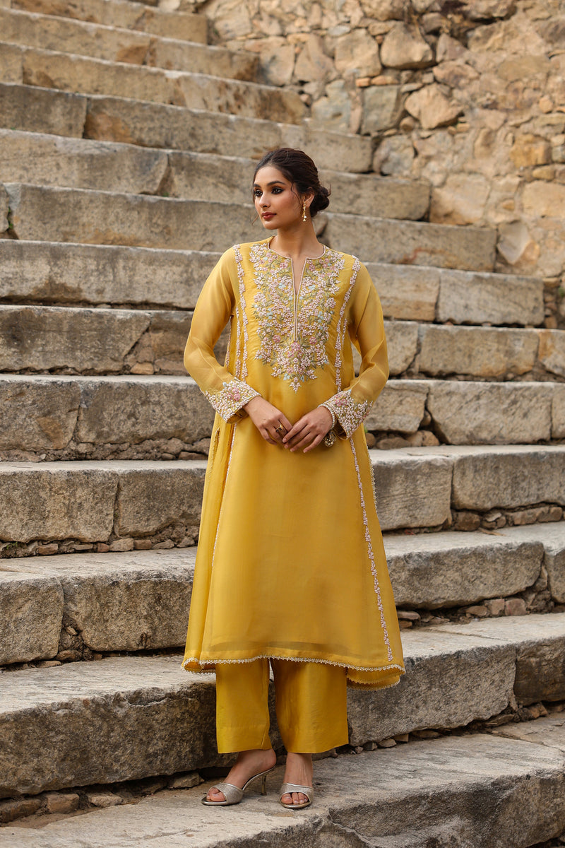 Vaayu Yellow Heavy Pheran Kurta Set organza , silk tencel kurta/kurta set by Niti Bothra in yellow for women Worldwide