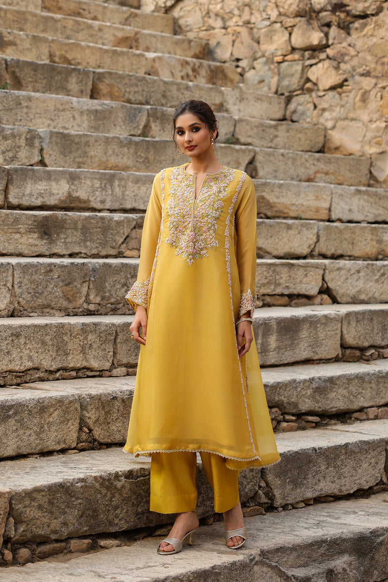 Vaayu Yellow Heavy Pheran Kurta Set organza , silk tencel kurta/kurta set by Niti Bothra in yellow for women Worldwide