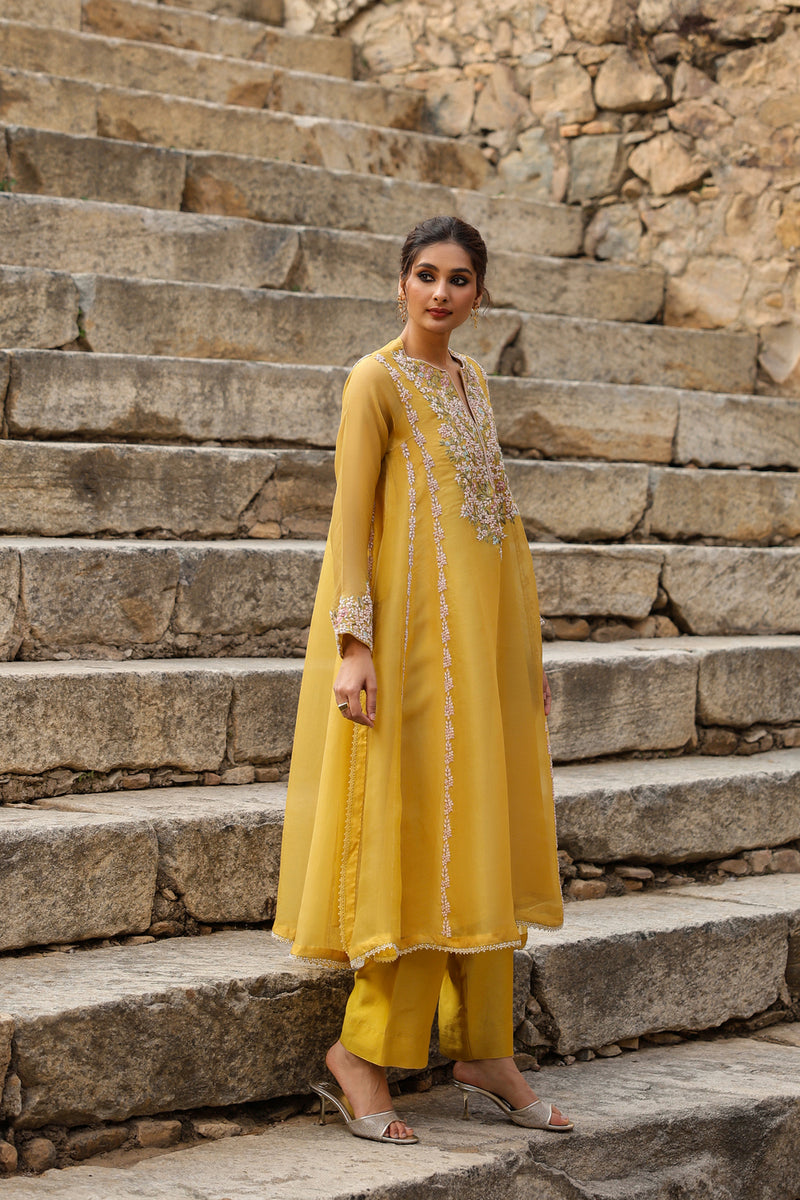 Vaayu Yellow Heavy Pheran Kurta Set organza , silk tencel kurta/kurta set by Niti Bothra in yellow for women Worldwide