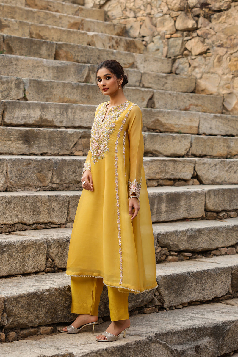 Vaayu Yellow Heavy Pheran Kurta Set organza , silk tencel kurta/kurta set by Niti Bothra in yellow for women Worldwide