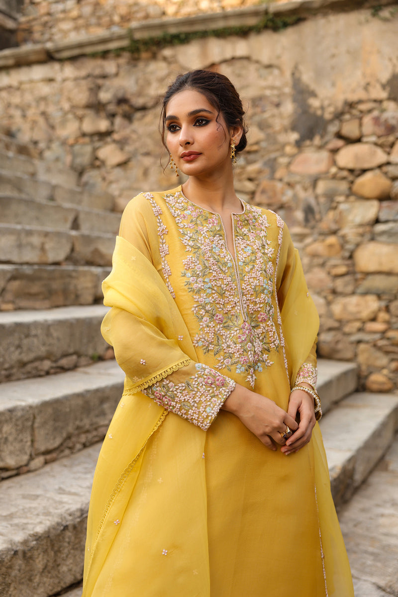 Vaayu Yellow Heavy Pheran Kurta Set organza , silk tencel kurta/kurta set by Niti Bothra in yellow for women Worldwide