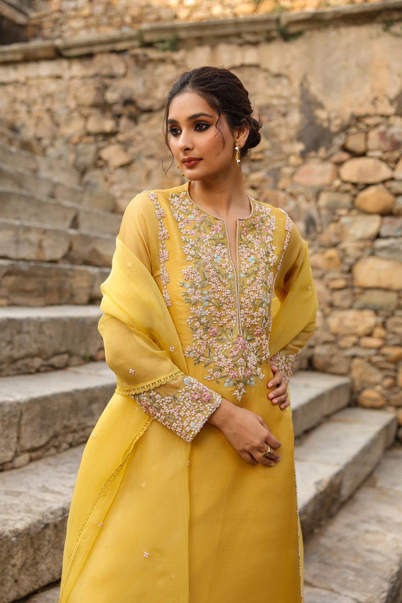 Vaayu Yellow Heavy Pheran Kurta Set organza , silk tencel kurta/kurta set by Niti Bothra in yellow for women Worldwide
