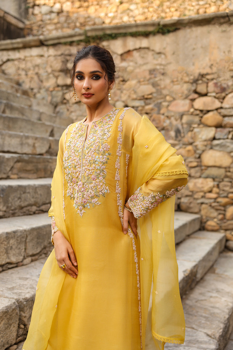 Vaayu Yellow Heavy Pheran Kurta Set organza , silk tencel kurta/kurta set by Niti Bothra in yellow for women Worldwide