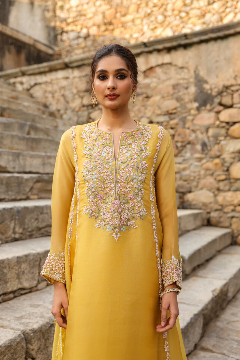 Vaayu Yellow Heavy Pheran Kurta Set organza , silk tencel kurta/kurta set by Niti Bothra in yellow for women Worldwide