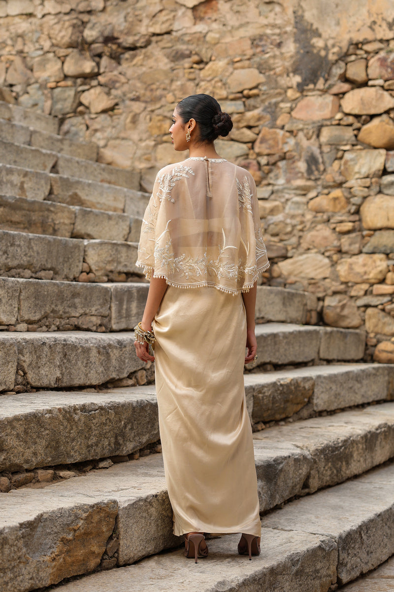 Vaayu Beige Cape Set dupion silk , organza kurta/kurta set by Niti Bothra in beige for women Worldwide