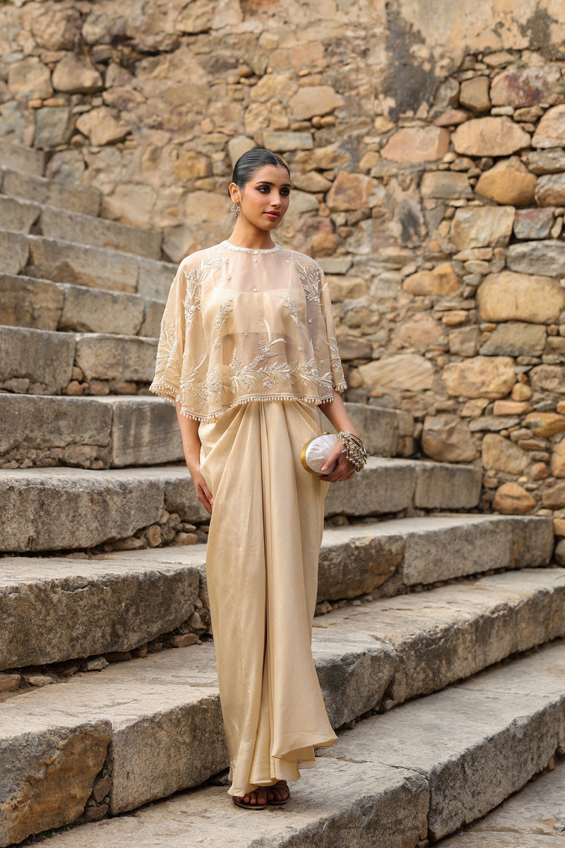 Vaayu Beige Cape Set dupion silk , organza kurta/kurta set by Niti Bothra in beige for women Worldwide