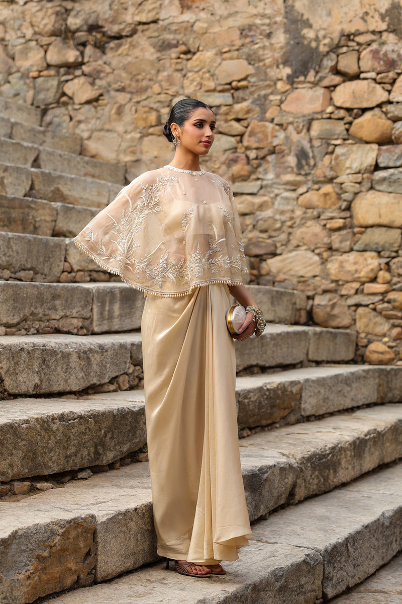 Vaayu Beige Cape Set dupion silk , organza kurta/kurta set by Niti Bothra in beige for women Worldwide