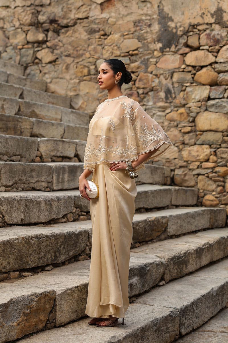 Vaayu Beige Cape Set dupion silk , organza kurta/kurta set by Niti Bothra in beige for women Worldwide