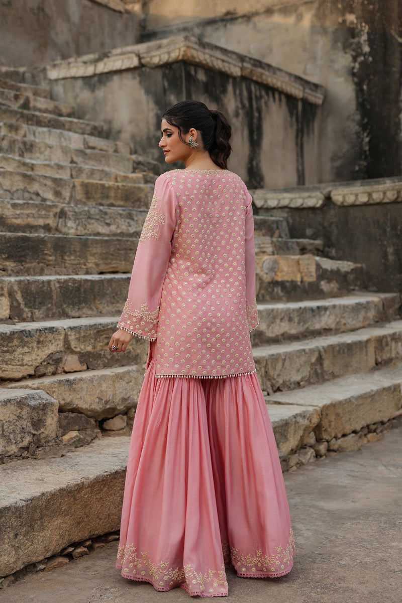 Vaayu Pink Buti Sharara Set silk modal kurta/kurta set by Niti Bothra in pink for women Worldwide