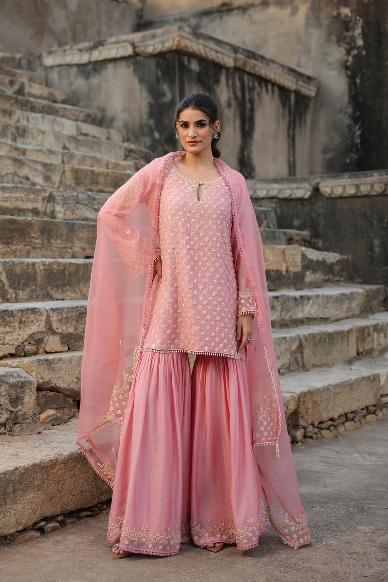 Vaayu Pink Buti Sharara Set silk modal kurta/kurta set by Niti Bothra in pink for women Worldwide