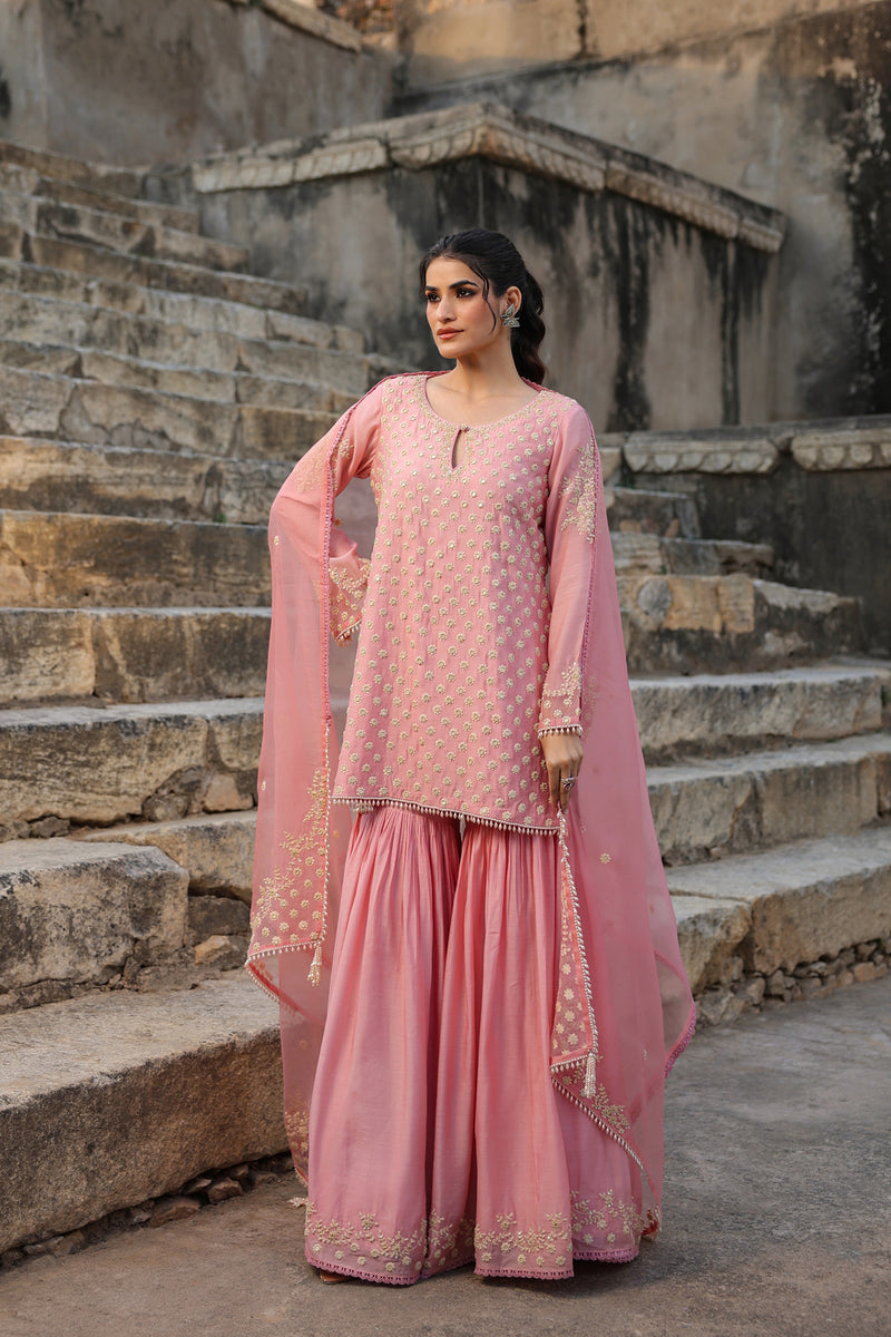 Vaayu Pink Buti Sharara Set silk modal kurta/kurta set by Niti Bothra in pink for women Worldwide