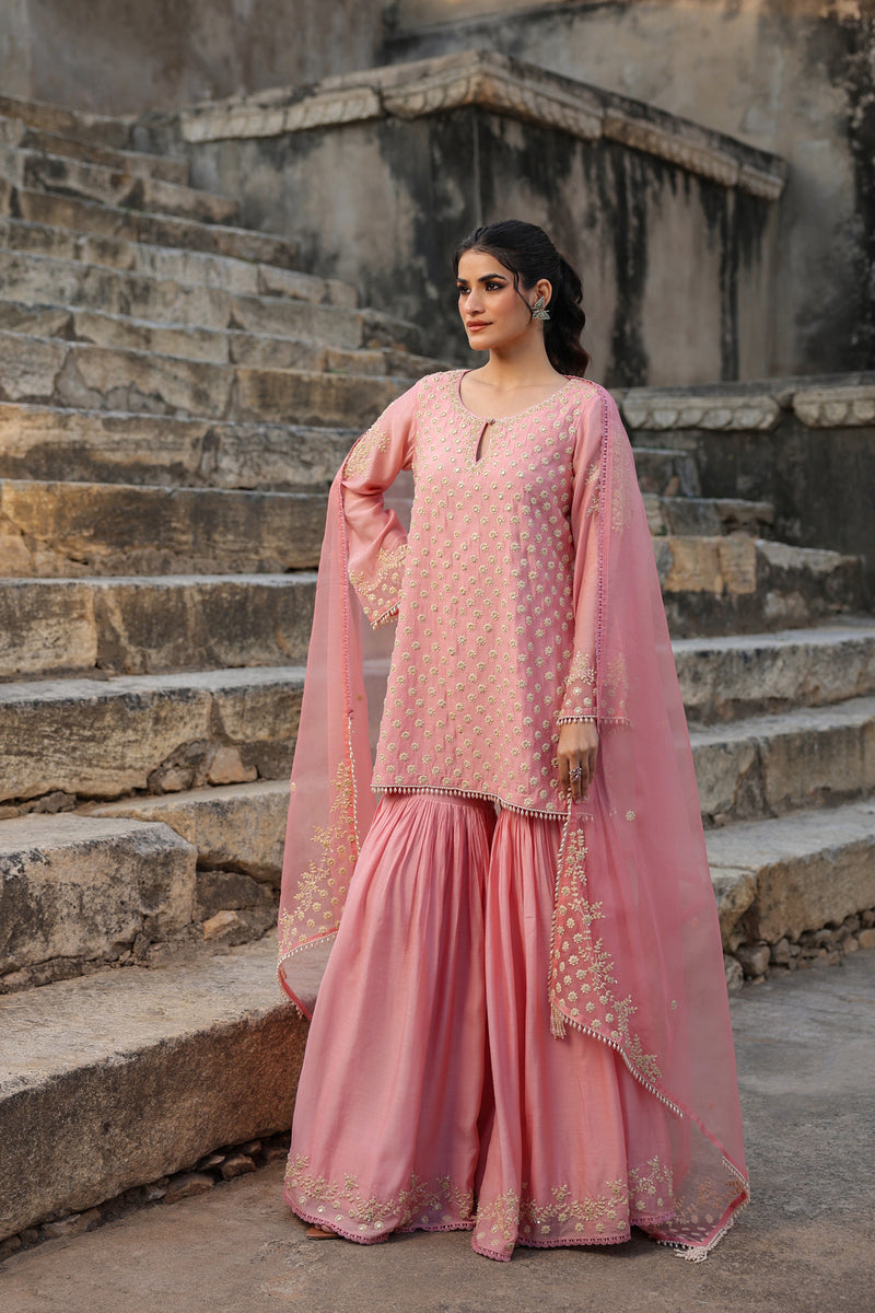 Vaayu Pink Buti Sharara Set silk modal kurta/kurta set by Niti Bothra in pink for women Worldwide