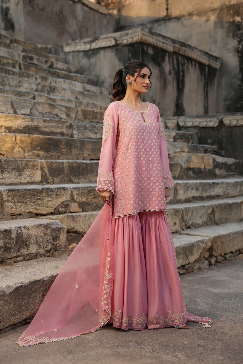 Vaayu Pink Buti Sharara Set silk modal kurta/kurta set by Niti Bothra in pink for women Worldwide