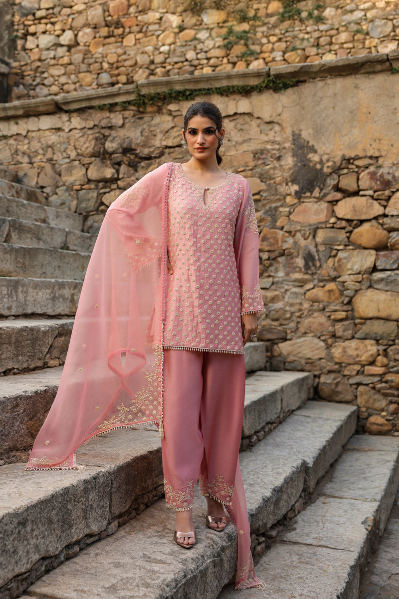 Vaayu Pink Buti Short Kurta Set silk modal kurta/kurta set by Niti Bothra in pink for women Worldwide