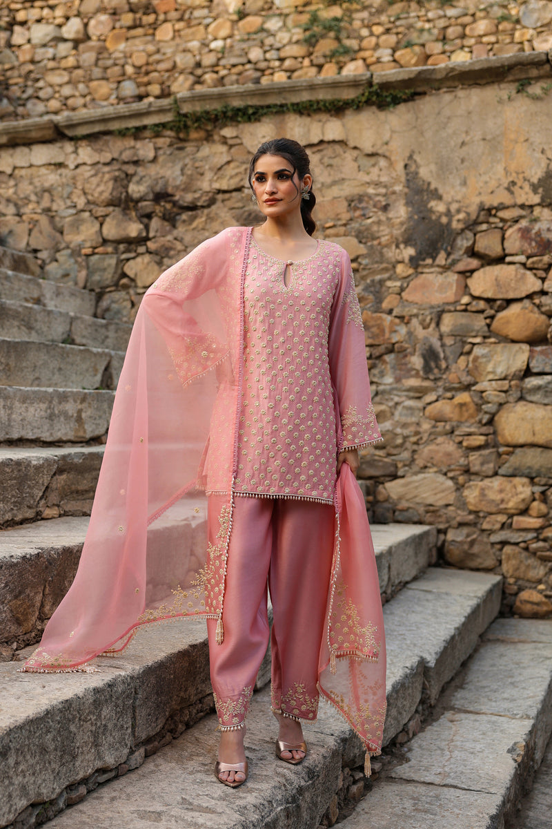 Vaayu Pink Buti Short Kurta Set silk modal kurta/kurta set by Niti Bothra in pink for women Worldwide