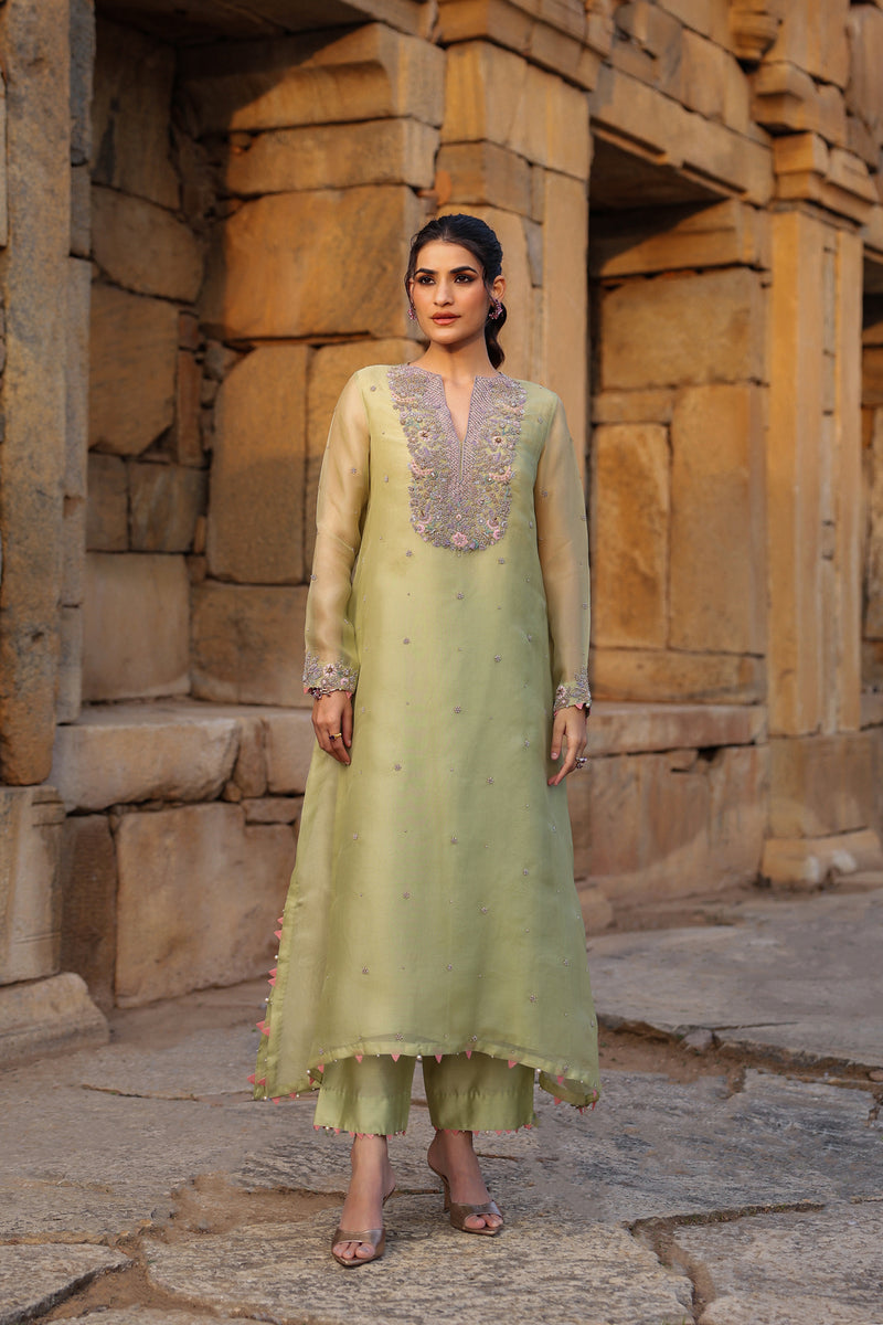 Vaayu Green Heavy Neck Kurta Set organza , silk tencel kurta/kurta set by Niti Bothra in green for women Worldwide