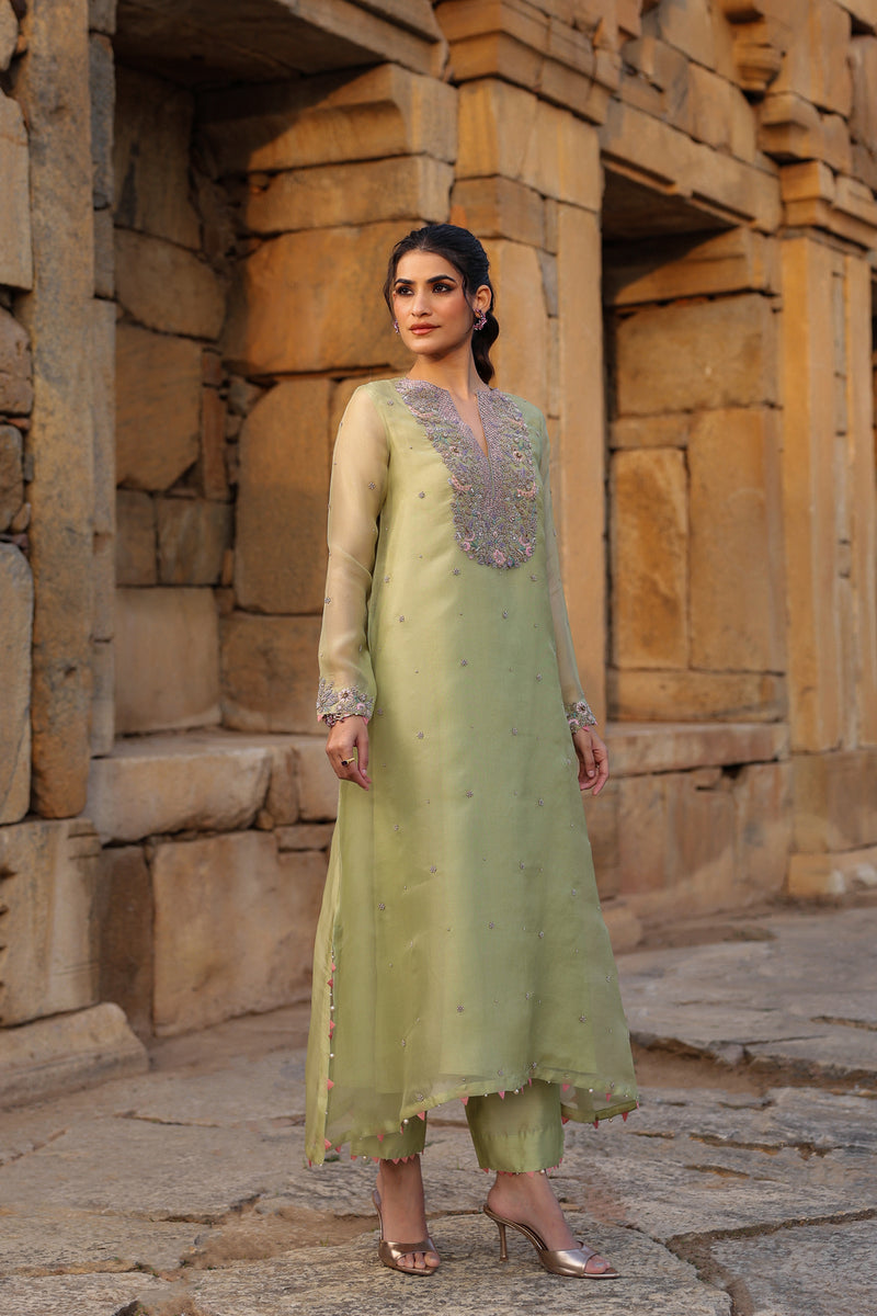 Vaayu Green Heavy Neck Kurta Set organza , silk tencel kurta/kurta set by Niti Bothra in green for women Worldwide