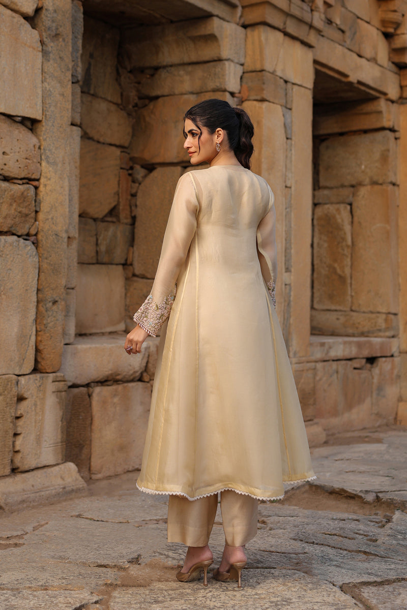 Vaayu Beige Pheran Kurta Set organza , silk tencel kurta/kurta set by Niti Bothra in beige for women Worldwide