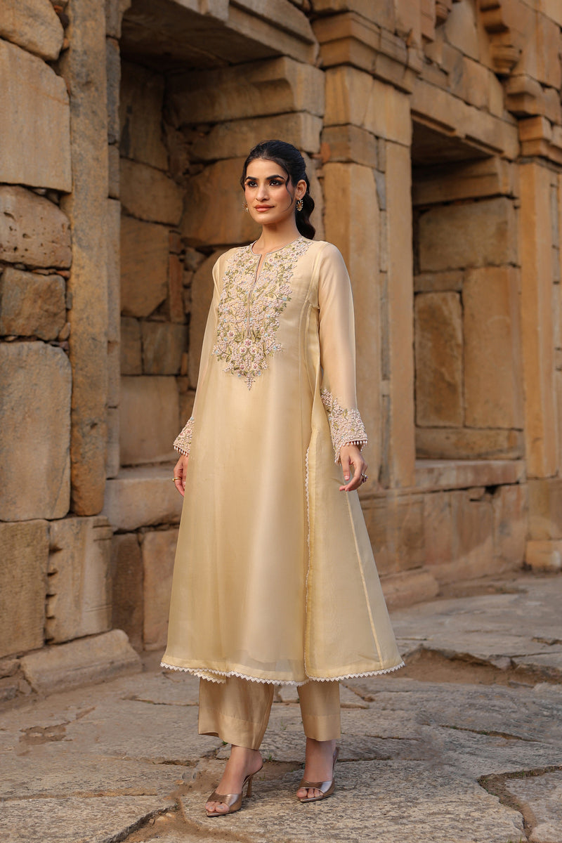 Vaayu Beige Pheran Kurta Set organza , silk tencel kurta/kurta set by Niti Bothra in beige for women Worldwide