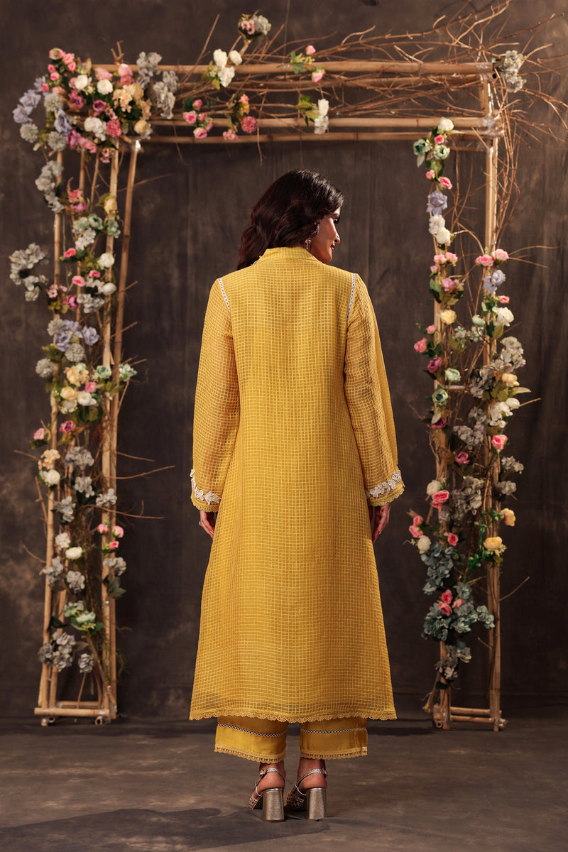 Vaayu Yellow Tie-up Kurta Set silk chanderi , silk tencel kurta/kurta set by Niti Bothra in yellow for women Worldwide