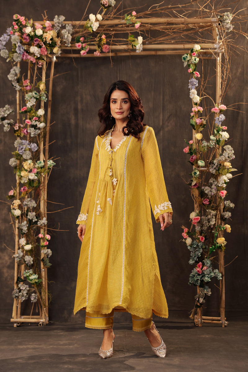 Vaayu Yellow Tie-up Kurta Set silk chanderi , silk tencel kurta/kurta set by Niti Bothra in yellow for women Worldwide