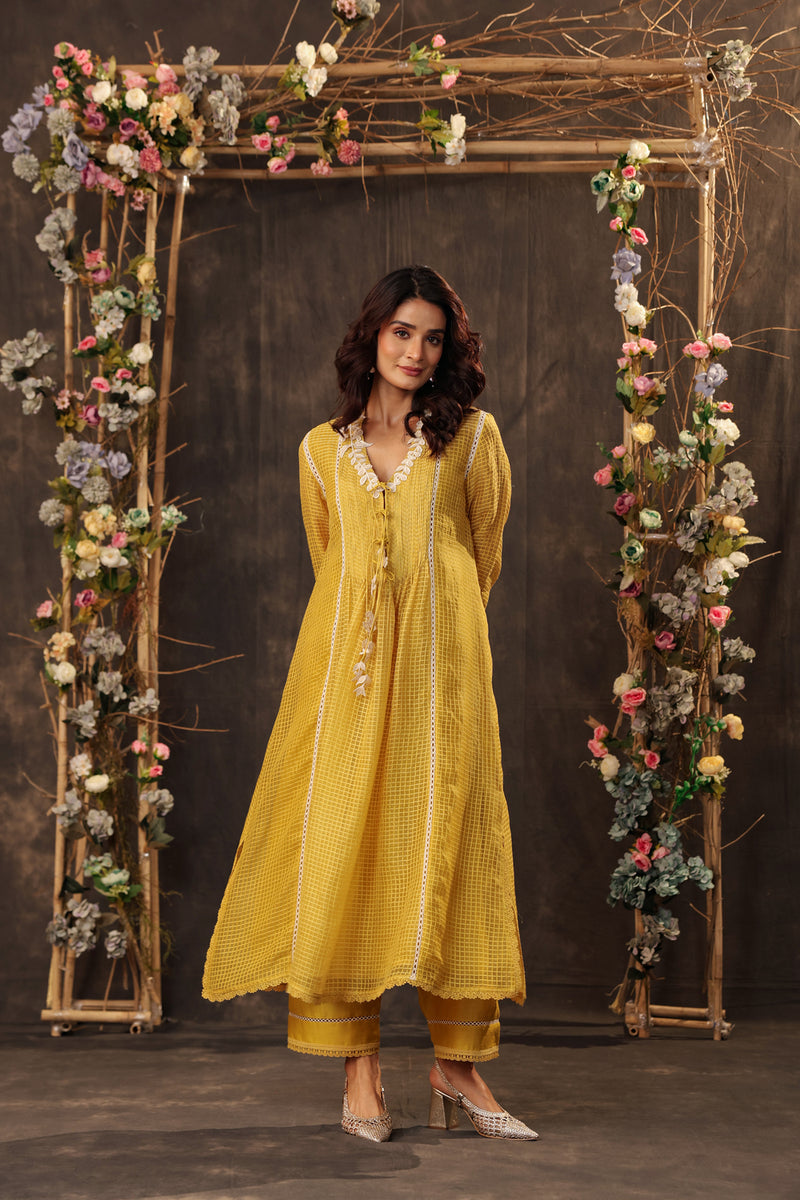 Vaayu Yellow Tie-up Kurta Set silk chanderi , silk tencel kurta/kurta set by Niti Bothra in yellow for women Worldwide