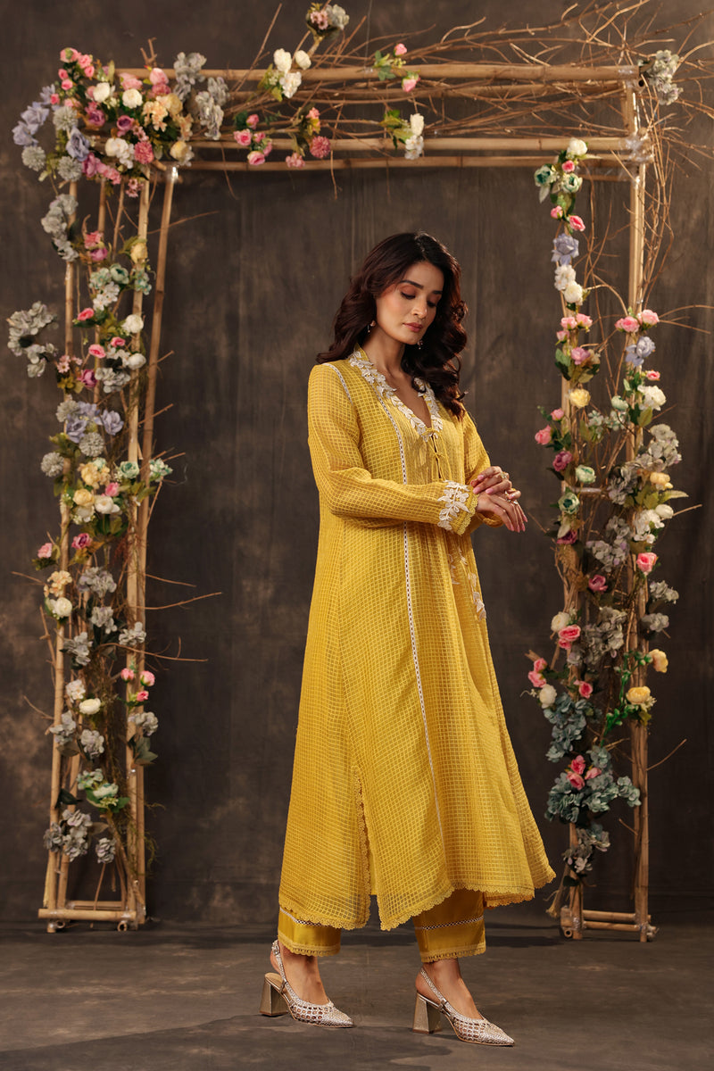 Vaayu Yellow Tie-up Kurta Set silk chanderi , silk tencel kurta/kurta set by Niti Bothra in yellow for women Worldwide