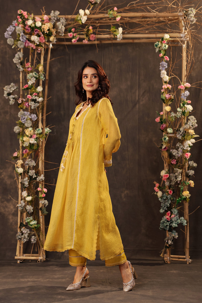 Vaayu Yellow Tie-up Kurta Set silk chanderi , silk tencel kurta/kurta set by Niti Bothra in yellow for women Worldwide
