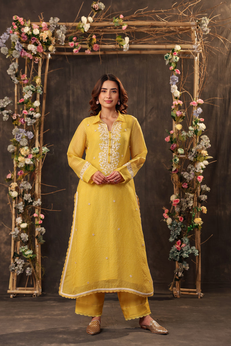 Vaayu Yellow Collar Kurta Set silk chanderi , silk tencel kurta/kurta set by Niti Bothra in yellow for women Worldwide