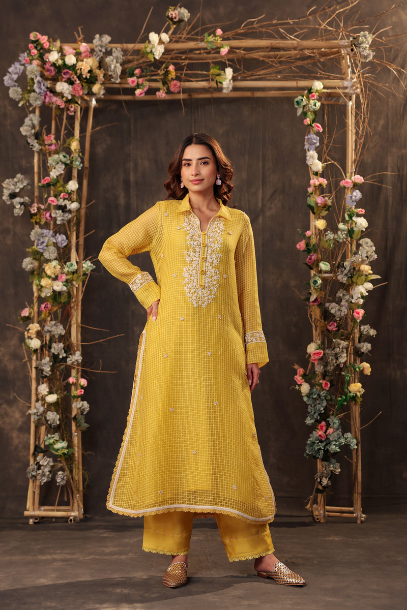 Vaayu Yellow Collar Kurta Set silk chanderi , silk tencel kurta/kurta set by Niti Bothra in yellow for women Worldwide