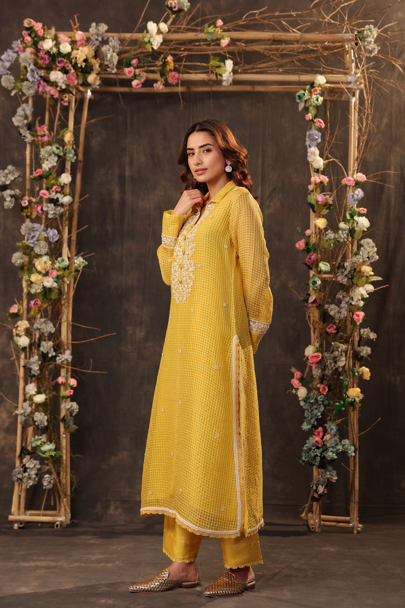 Vaayu Yellow Collar Kurta Set silk chanderi , silk tencel kurta/kurta set by Niti Bothra in yellow for women Worldwide