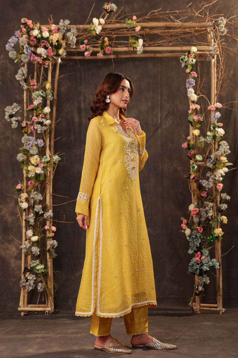 Vaayu Yellow Collar Kurta Set silk chanderi , silk tencel kurta/kurta set by Niti Bothra in yellow for women Worldwide