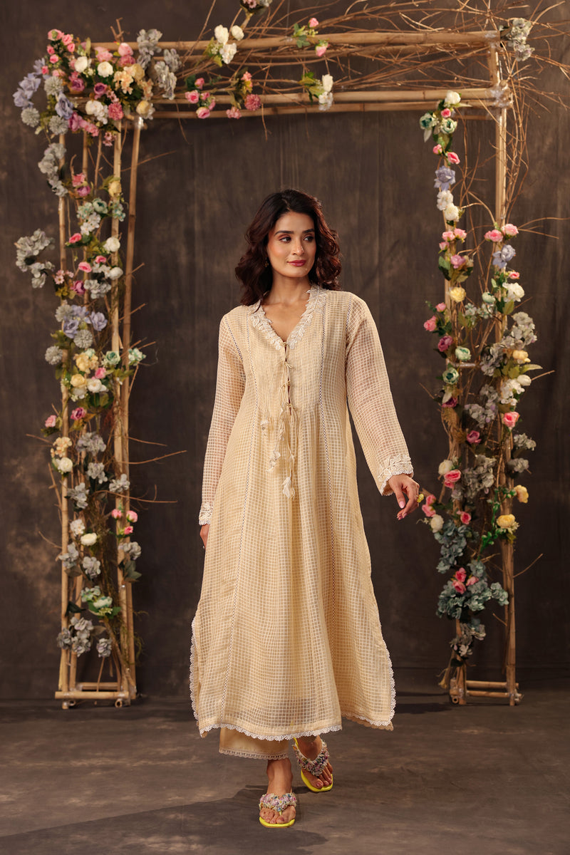 Vaayu Beige Tie-up Kurta Set silk chanderi , silk tencel kurta/kurta set by Niti Bothra in beige for women Worldwide