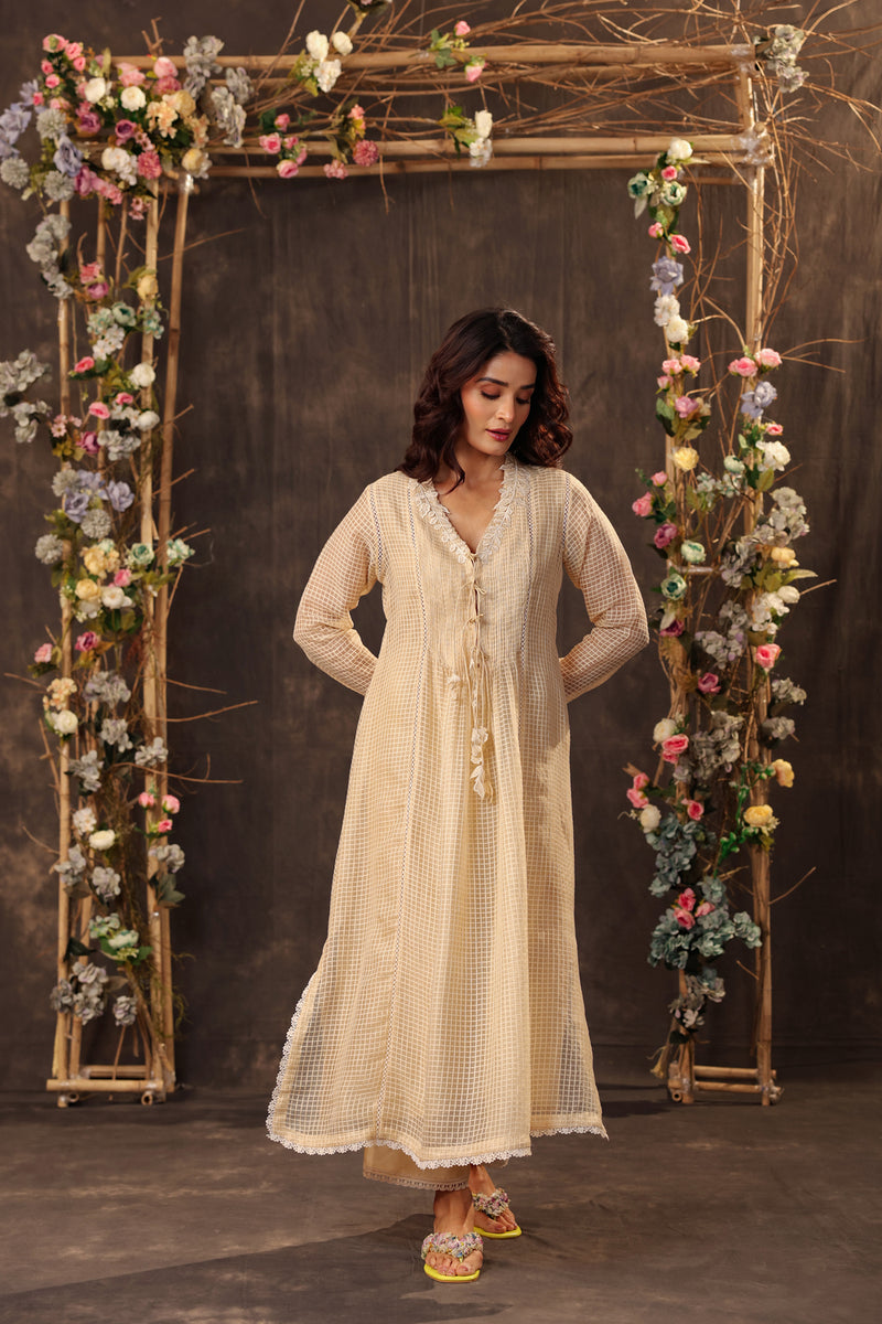 Vaayu Beige Tie-up Kurta Set silk chanderi , silk tencel kurta/kurta set by Niti Bothra in beige for women Worldwide