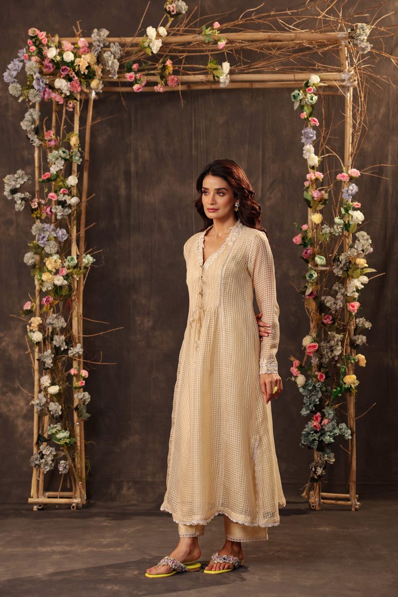 Vaayu Beige Tie-up Kurta Set silk chanderi , silk tencel kurta/kurta set by Niti Bothra in beige for women Worldwide