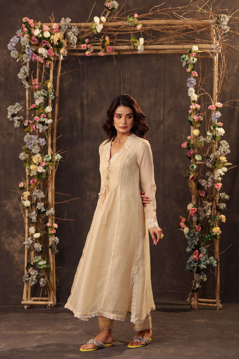 Vaayu Beige Tie-up Kurta Set silk chanderi , silk tencel kurta/kurta set by Niti Bothra in beige for women Worldwide