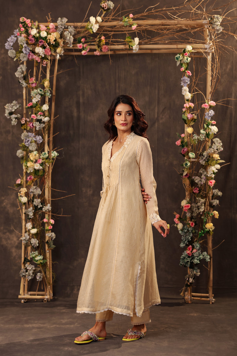Vaayu Beige Tie-up Kurta Set silk chanderi , silk tencel kurta/kurta set by Niti Bothra in beige for women Worldwide